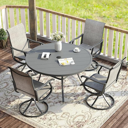 VICLLAX Patio Dining Set for 4, 5 Pieces Outdoor Furniture Includes 40.6" Round Patio Table with Umbrella Hole and 4 Outdoor Swivel Chairs for Lawn Garden, Grey Tabletop and Grey Fabric