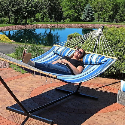 Sunnydaze Quilted Outdoor Hammock with Spreader Bars - Heavy-Duty 450-Pound Capacity Double Hammock for Outside - Misty Beach