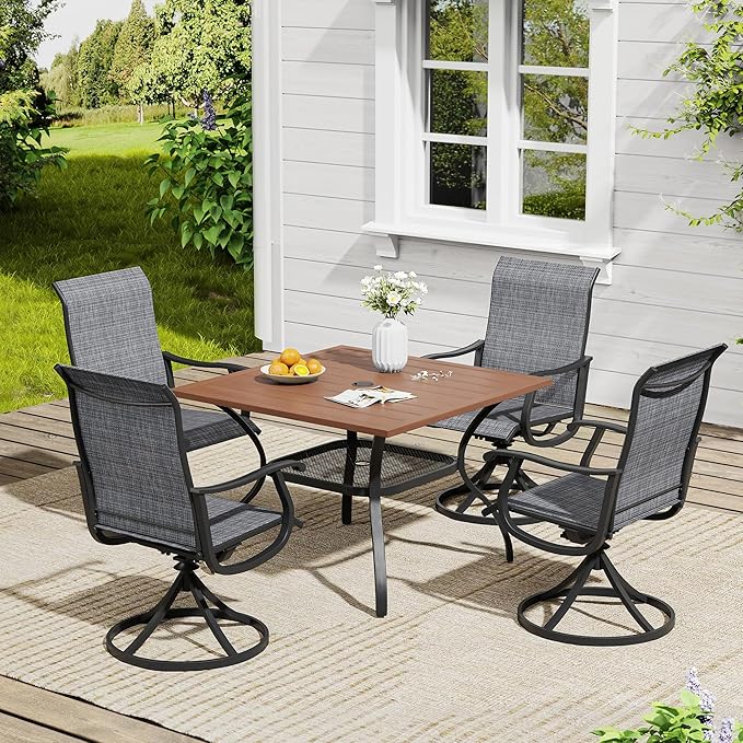 VICLLAX 5 Pieces Outdoor Dining Set, Patio Furniture Set of 4 Patio Swivel Dining Chairs and Square Patio Table with Storage Shelf, Dark Charcoal Chairs & Walnut Tabletop