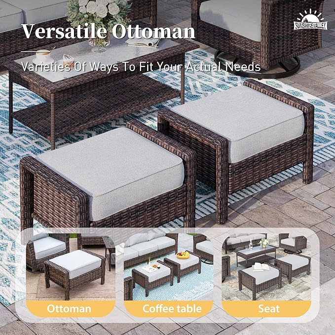 Patio Furniture Set with Swivel Chairs, High Back Wicker Rattan Set with 5.5" Thick Cushions, Fire Pit Table and Ottomans, All Weather Outdoor Conversation Set for Backyard Deck,9 Seats, Light Grey