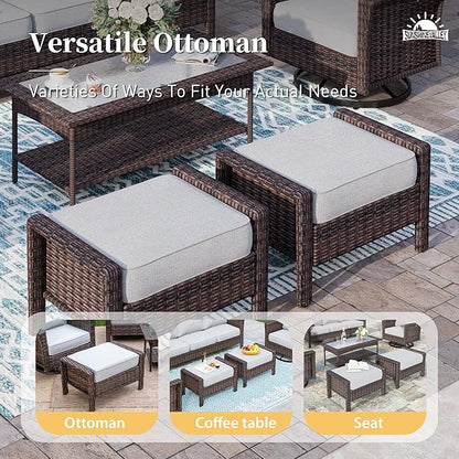 Patio Furniture Set with Swivel Chairs, High Back Wicker Rattan Set with 5.5" Thick Cushions, Fire Pit Table and Ottomans, All Weather Outdoor Conversation Set for Backyard Deck,9 Seats, Light Grey