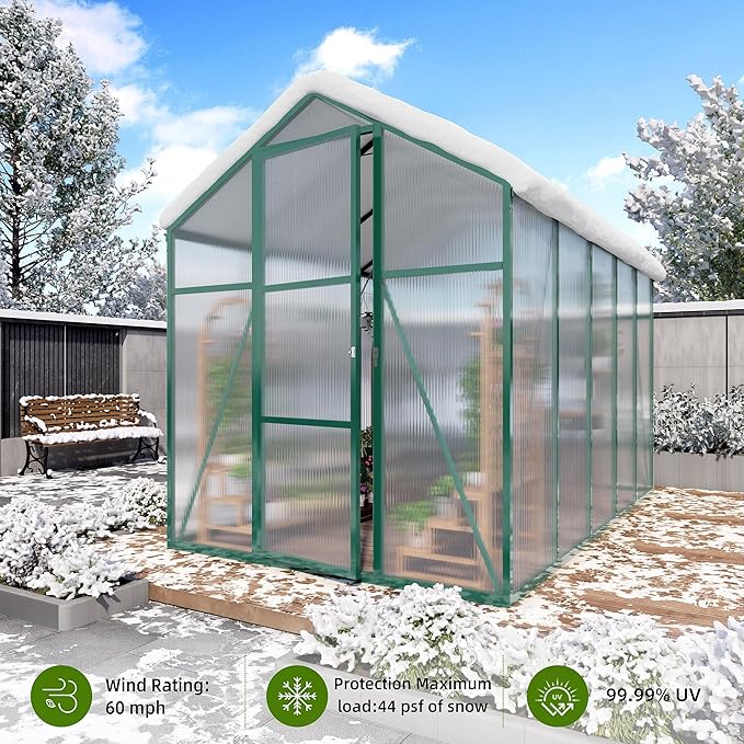 6*6.2*7.2FT Greenhouse for Outdoors, Polycarbonate Greenhouse with Stronger Wind Protection and Roof Vent, Walk-in Large Aluminum Sunroom Winter Proof, Green