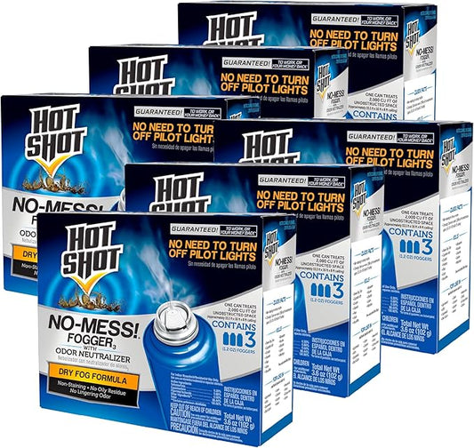 Hot Shot No-Mess! Fogger With Odor Neutralizer 3 Count-1.2 Ounce Cans, Kills Hidden Bugs, No Need To Turn Off Pilot Lights, 6 Pack