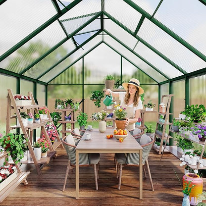 8x10 FT Outdoor Greenhouse, Polycarbonate Greenhouse with Roof Vent and Ground Nails, Aluminum Large Walk-in Green House w/Lockable Push Door for Outside Garden Backyard (Green, 8x10 FT)