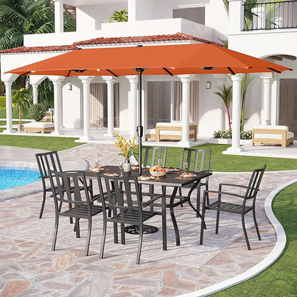 PHI VILLA 7 Piece Patio Dining Set with Umbrella, 60” Rectangular Metal Dining Table & 6 Stackable Metal Chairs & 13ft Large Red Umbrella for Outdoor, Deck, Yard, Porch