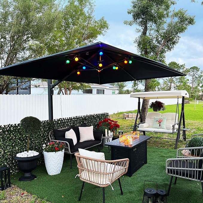 PURPLE LEAF 12 FT Square Patio Umbrella with Base Large Offset Hanging Outdoor Cantilever Umbrella Included Base for Garden Deck Backyard Pool Grey