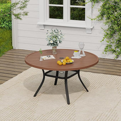 VICLLAX Patio Round Dining Table, 47"x 47" Outdoor Metal Slatted Round Tabletop with Adjustable Umbrella Hole for Lawn Garden Yard, Walnut