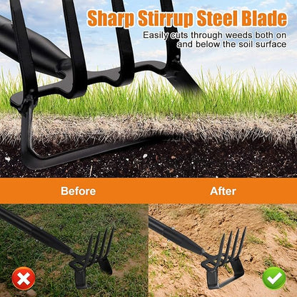 Hula Hoe Garden Tool - 2 in 1 Stirrup Action Hoe & Rake,Heavy Duty Weeding & Cultivating Tool,Adjustable Long Handle (36”-74”),Sharp Carbon Steel Blade for Effortless Gardening