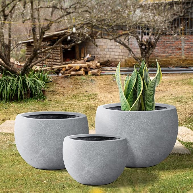 Kante 19.9",15.7",11.8" Dia Round Concrete Planter Set of 3, Outdoor/Indoor Large Bowl Plant Pots with Drainage Hole and Rubber Plug for Garden Patio Balcony Home, Slate Gray