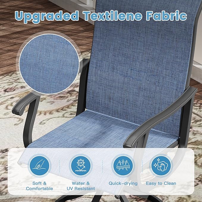 DIFY 3 Pieces Outdoor Patio Bistro Dining Set, 2 Blue Textilene Swivel Dining Chairs and 27.6" Black Small Round Dining Table, Outdoor Table and Chairs