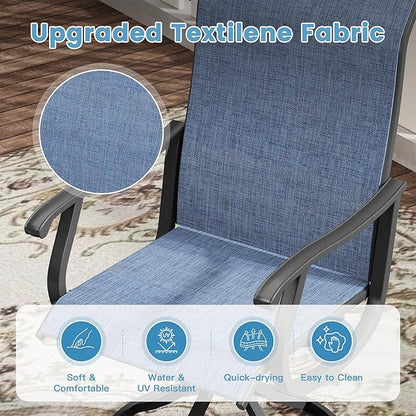 DIFY 5 Pieces Outdoor Patio Dining Set for 4, 37.8" Black Metal Square Dining Table and 4 Blue Textilene Patio Swivel Chairs, Outdoor Table and Chairs