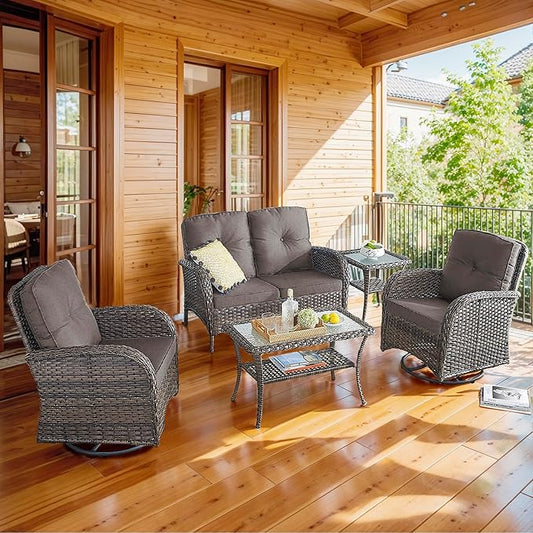 5 Piece Patio Furniture Set - Wicker Patio Conversation Set with Swivel Glider, Loveseat Bench, Tempered Glass Side Table and Coffee Table for Deck Backyard - Brown Wicker Grey Cushion