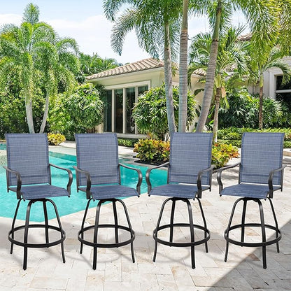 Vongrasig 4 Piece Patio Swivel Bar Chairs, All Weather Metal Textile High Swivel Bar Stools Chairs, Outdoor High Top Bistro Set for Backyard, Lawn Garden, Balcony, Denim Blue