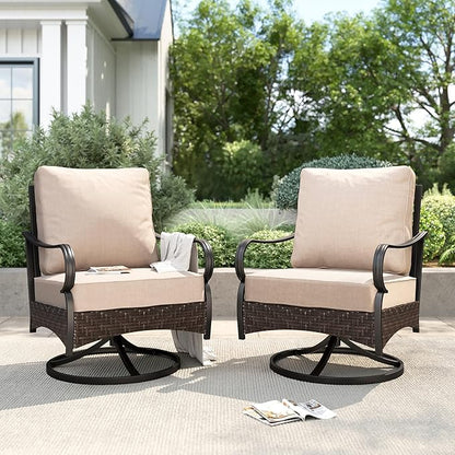 PHI VILLA Patio Swivel Chairs Set of 2, Outdoor Wicker Chairs with Thick Cushion, All Weather High Back Outdoor Furniture for Balcony Porch and Yard