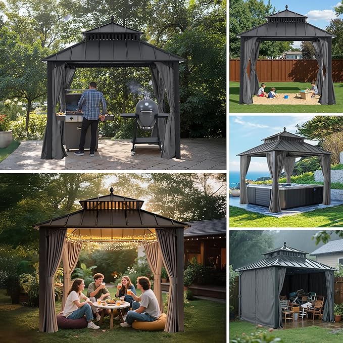 SUNJOY Kingston 10' x 10' Hardtop Gazebo with Galvanized Steel Double Roof, Curtain and Netting, Gray Aluminum Posts Permanent Pavilion Gazebo for Garden, Patio, Deck, Lawn