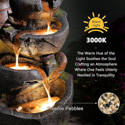 5-Tiers Cascading Rock Jar Water Fountain Outdoor, 31.7" H Outside Fountains and Waterfalls with 4 LED Lights for Patio, Deck, Porch, Backyard and Home Art Docor