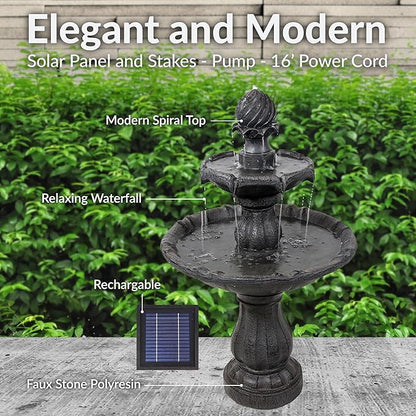 Sunnydaze 35" Solar 2-Tier Outdoor Water Fountain - Outdoor Water Fountain with Battery Backup and Pump - Black
