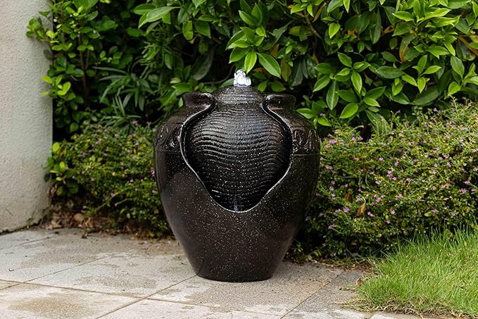 17.7 in. Glazed Pot Water Fountain with LED Light, Provide Indoor and Outdoor Water Features for Gardens、Backyard、Living Rooms、 Offices (Black Gold)