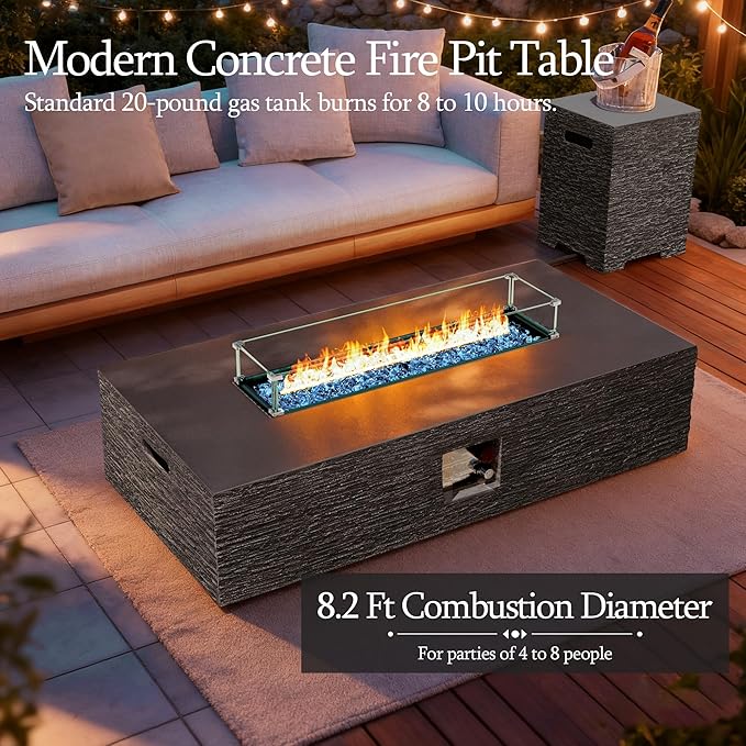 UPHA 56-inch Outdoor Propane Gas Fire Pit Table 50000 BTU Concrete Rectangle FirePit for Outside Patio with Propane Tank Cover, Wind Guad, Blue Glass Rocks, Rain Cover, Grey Horizontal Stripe