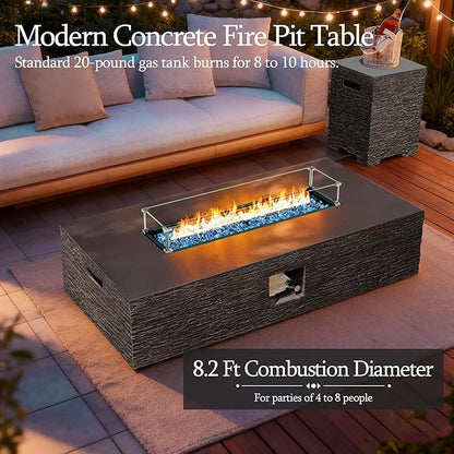 UPHA 56-inch Outdoor Propane Gas Fire Pit Table 50000 BTU Concrete Rectangle FirePit for Outside Patio with Propane Tank Cover, Wind Guad, Blue Glass Rocks, Rain Cover, Grey Horizontal Stripe