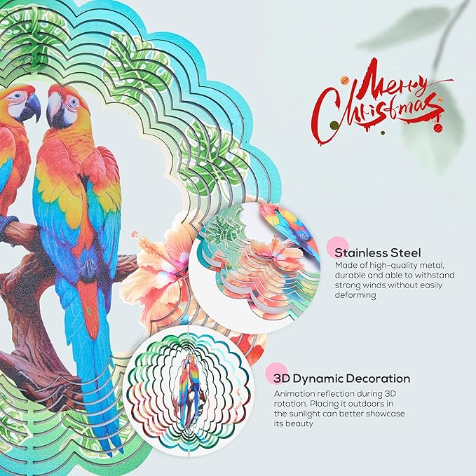 Parrot Ornaments, 12 Inches 3D Aluminum Metal Hanging Wind Spinners, for Garden Decor That Spins with The Help of Wind Energy.