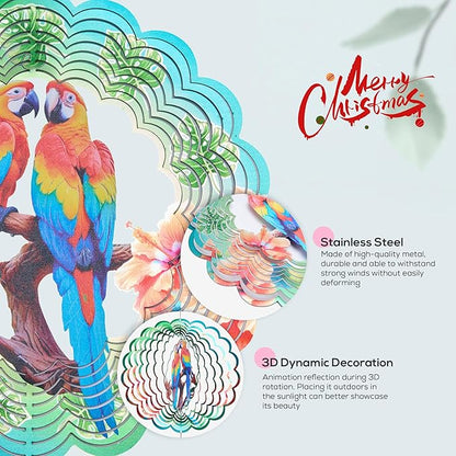 Parrot Ornaments, 12 Inches 3D Aluminum Metal Hanging Wind Spinners, for Garden Decor That Spins with The Help of Wind Energy.