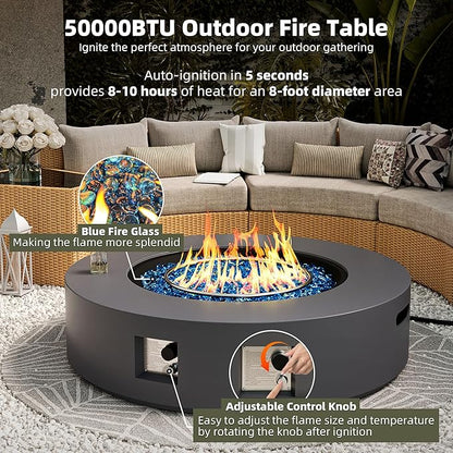 UPHA 42-inch Outdoor Propane Gas Fire Pit Table 50000 BTU Concrete Round FirePit for Outside Patio with Propane Tank Cover, Blue Glass Rocks, Rain Cover, Grey