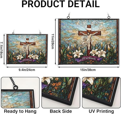 Personalized Rectangle He is Risen Suncatchers for Windows, Stained Glass Window Hangings,Hand-Painted Glass Panel Perfect for Home Décor