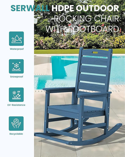 SERWALL Outdoor Rocking Chair Set of 2, Oversized Rocking Chair with Footboard for Adults, HDPE All Weather Resistant Rocking Chairs for Patio, 350lbs Weight Capacity, Navy