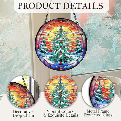 kdqua Christmas Tree Suncatcher Stained Glass Window Hanging, Winter Xmas Tree Sun Catchers Indoor Window Glass Round Wall Decor, Wall Art Hanging Decorations Statues, 7.9x7.9in