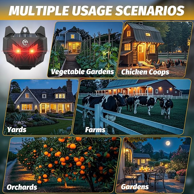 Solar Powered Racoon Repellent Devices with Flashing Lights, Waterproof Coyote Deterrent Device Energy-Efficient Predator Lights for Chicken Coop