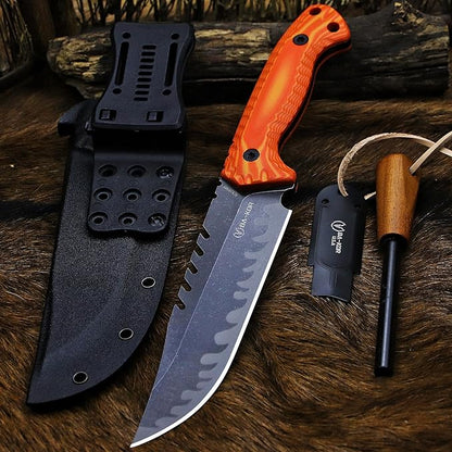 BA-KOR 12.4in Full Tang Fixed Blade Hunting Knife – 6mm 9CR18MoV Steel, G10 Handle, Stonewashed Sawback Blade with Kydex Sheath & Fire Starter for Outdoor, Camping, Survival (Orange with light yellow stripes)
