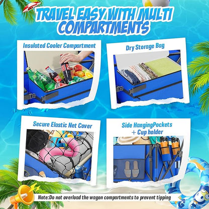 Beach Wagon with Big Wheels for Sand, 450lbs Heavy Duty Folding Wagon, Oversized 200L, 9" PVC All-Terrain Wheels, Adjustable Handle, Cooler & Storage Bags for Beach, Camping, Garden & Outdoor Sports