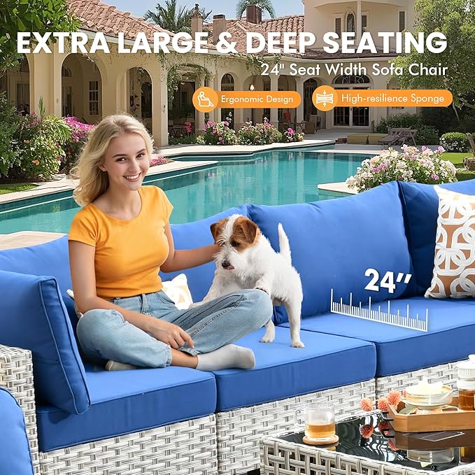 Outdoor Sectional Patio Furniture Set with Fire Pit Table and Glowing Table,6 Pieces Wicker Conversation Sets L Shaped Couch Out Door Sofa Set Outside Furniture for Garden Deck Yard,Navy Blue