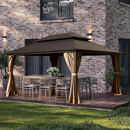 Domi 10' x 14' Hardtop Gazebo Permanent Metal Gazebo with Galvanized Steel Double Roof, Curtains and Netting for Party, Wedding, Outdoor Dining, Patio, Backyard, Brown