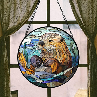 Stained Glass Suncatcher, Blue Ocean Cute Sea Otter Sun Catcher Stain Glass Window Hanging Decoration Mother's Day Birthday Gifts for Women Men Mom Nana 15 in