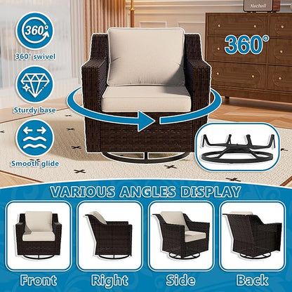 Vista Vibe 4 Pieces Outdoor Patio Conversation Furniture Set - 78" 3-Seat Sofa | 2 Swivel Glider Rocker Chairs | Wicker End Table, Rattan Loveseat, Upholstered Couch, Garden, Deck (Brown/Beige)
