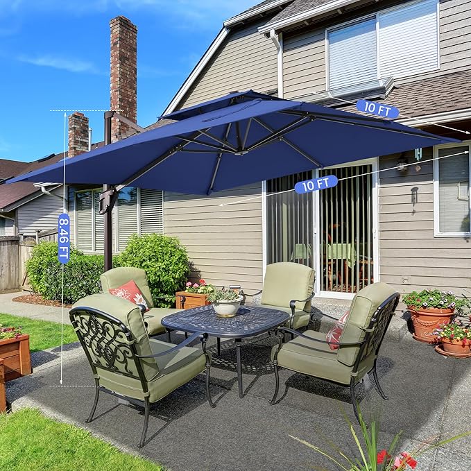 10x10 FT Cantilever Patio Umbrella Double Top Outdoor Square Large Heavy Duty Aluminum Offset Umbrellas with 7 Level Tilt 360-degree Rotation for Pool Garden Deck, Deep Navy