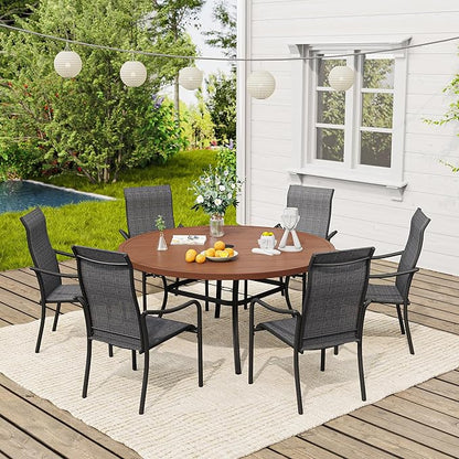 VICLLAX Outdoor Patio Round Dining Table, 53"x 53" Metal Slatted Round Tabletop with Adjustable Umbrella Hole for Deck Lawn Garden Backyard, Walnut