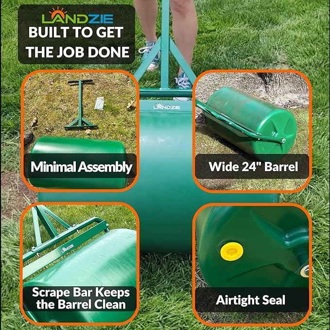 LANDZIE 24 Inch Poly Lawn Roller - 15.8 Gallon Lawn Roller Water Filled Sod Roller and Yard Roller for Pressing in Grass Seed to Improve Germination - Lawn Flattener for Rolls of Sod Lawn Striping Kit
