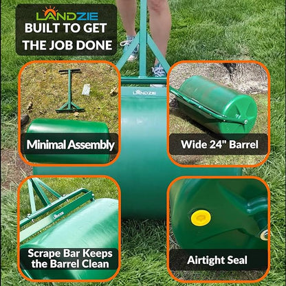 LANDZIE 24 Inch Poly Lawn Roller - 15.8 Gallon Lawn Roller Water Filled Sod Roller and Yard Roller for Pressing in Grass Seed to Improve Germination - Lawn Flattener for Rolls of Sod Lawn Striping Kit