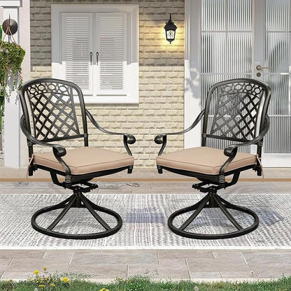 Set of 2 Cast Aluminum Patio Chairs with Cushions, All-Weather Aluminum Outdoor Swivel Chairs, Metal Outdoor Rocking Chairs for Backyard, Poolside and Bistro(Khaki, 2 Pieces)