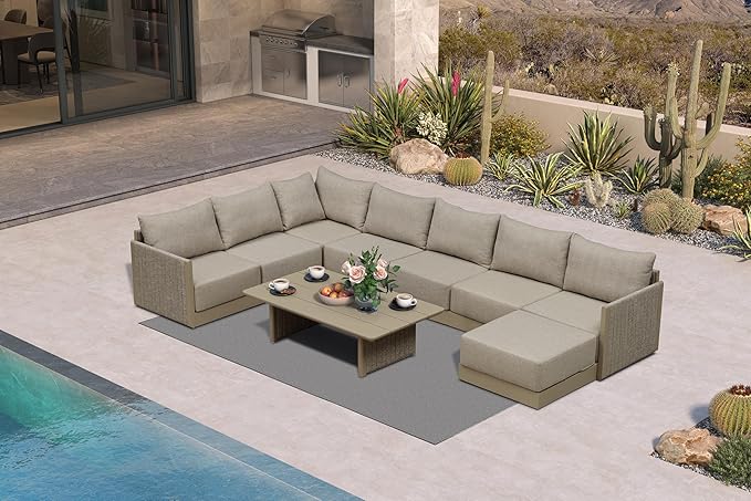 PURPLE LEAF 9 Pieces Patio Conversation Sets with Ottoman All Weather Outdoor Couch Sectional Set with Cushion Small Conversation Set for Garden Poolside Backyard Beige