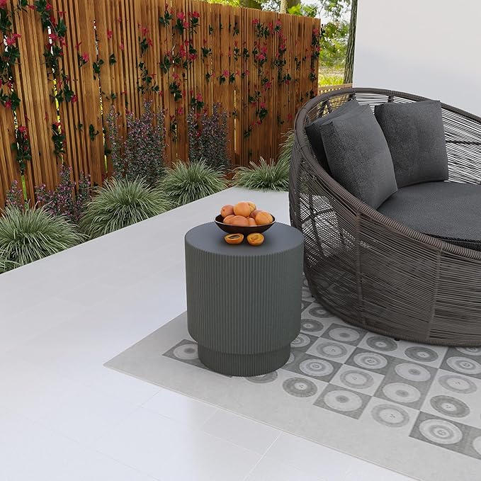 LeisureMod Modern Side Table Round Fiberstone Top Accent End Table for Home, Outdoor Patio, Living Room Sofa, Weather-Resistant, Eden Series in Grey