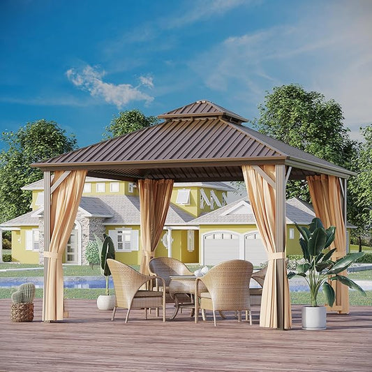 12'x12' Hardtop Gazebo, Outdoor Aluminum Patio Gazebo Double Roof Galvanized Steel Canopy with Netting and Curtains,for Garden Patio, Backyard, Deck and Lawns.