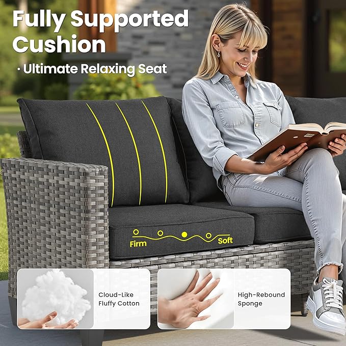 ovios 8 Pieces Patio Furniture Set with Swivel Chairs Rocking Gliders, Outdoor Sofa Couch with Solar Lights Table Comfy Cushions, Modern Deep Seat Wicker Rattan Conversation Set, Black