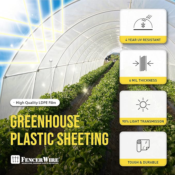 CAPHAUS 6 mil Clear Greenhouse Plastic Sheeting, 4-Year UV Resistant Polyethylene Film, Hoop House Cover for Horticulture, Gardening, Farming and Agriculture, 90% Light Transmittance, 12’ x 28’
