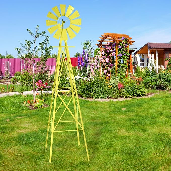 Garden Windmill for Yard Decor, 8 ft Tall Metal Windmill with Spinning Blades, Weather-Resistant Outdoor Windmill for Lawn, Farmhouse, Rustic & Farm Decor,Yellow