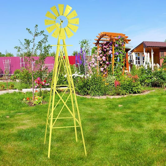 Garden Windmill for Yard Decor, 8 ft Tall Metal Windmill with Spinning Blades, Weather-Resistant Outdoor Windmill for Lawn, Farmhouse, Rustic & Farm Decor,Yellow