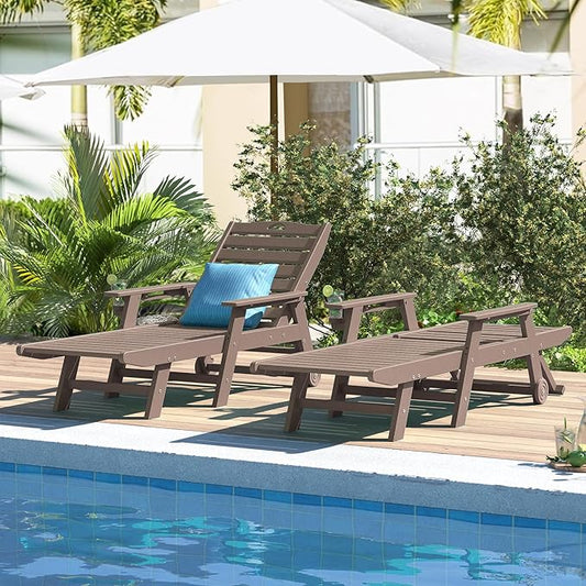 nalone Outdoor Chaise Lounge Chair Set of 2 with Wheels & Cup Holder, HDPE Pool Lounge Chairs with 5-Position Adjustable Backrest Supports Up to 400 LBS for Patio Poolside Deck Beach (Grey Brown)